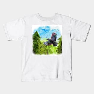 Happy Raven flying through the forest Kids T-Shirt